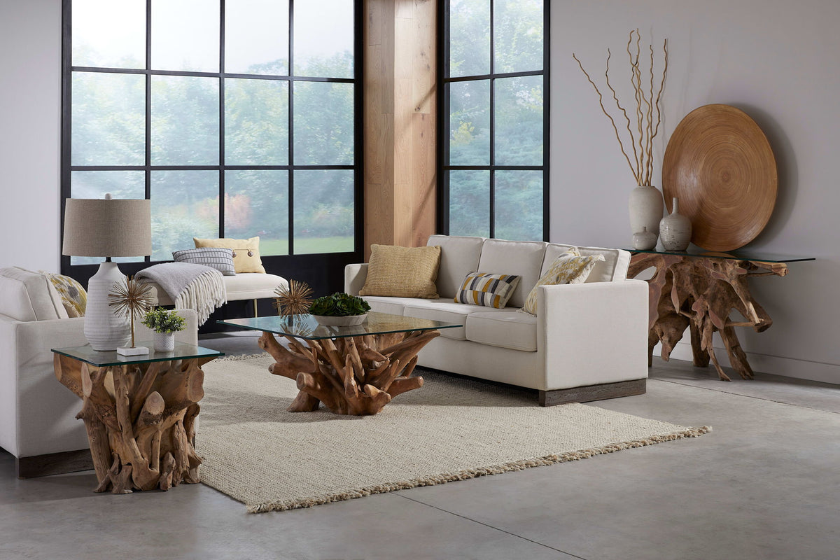 One - Solid Teak Root Glass Top Table