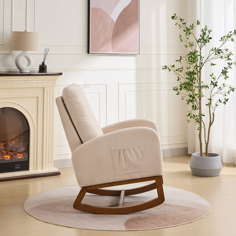 Rocking Chair For Nursery, Polyester Glider Chair With High Back And Side Pocket, Rocking Accent Armchair With Rubber Wood Legs For Living Room / Bedroom - Beige