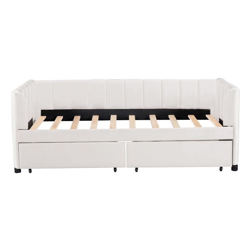 Twin Size Upholstered Daybed With Ergonomic Design Backrest And 2 Drawers - Beige