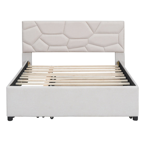 Full Size Upholstered Platform Bed With Brick Pattern Headboard, With Twin Size Trundle And 2 Drawers - Beige
