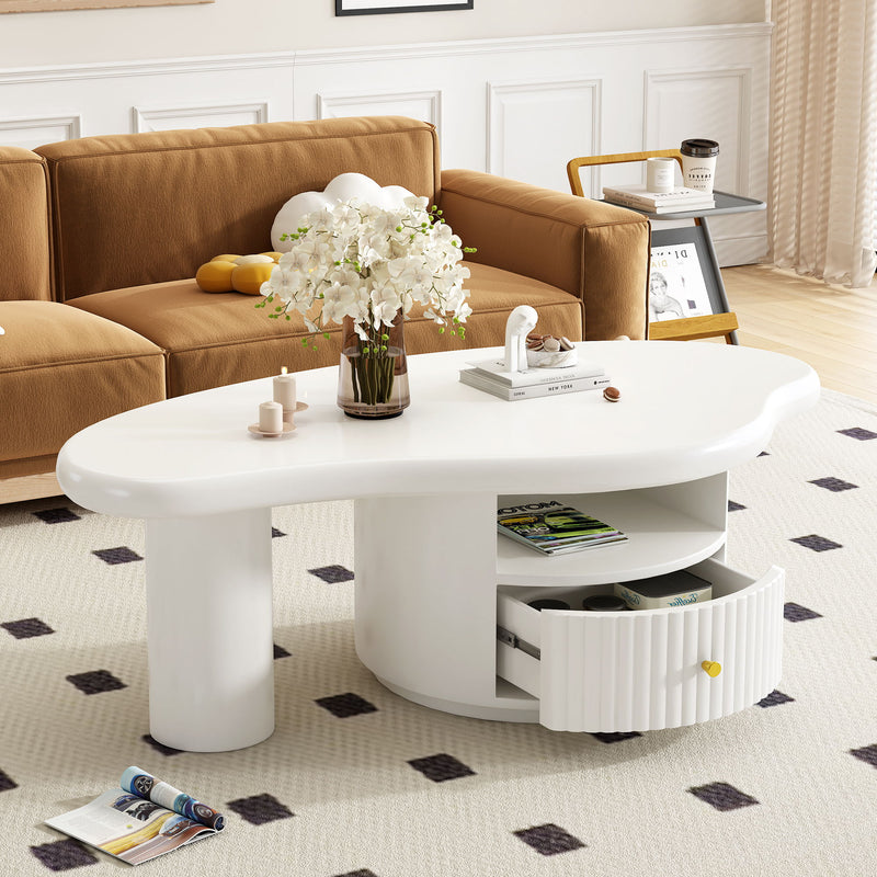 Cloud - Coffee Table, Irregular Shape Coffee Table With 1 Dreawer And Shelf For Living Room - White