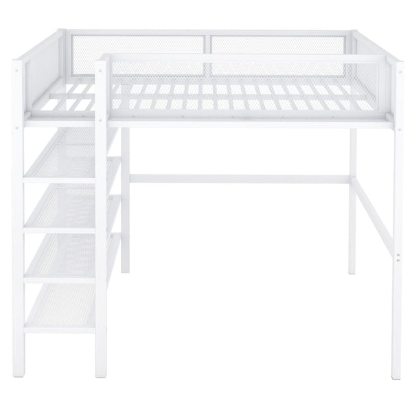 Full Size Loft Bed With 4 Tier Shelves And Storage - White