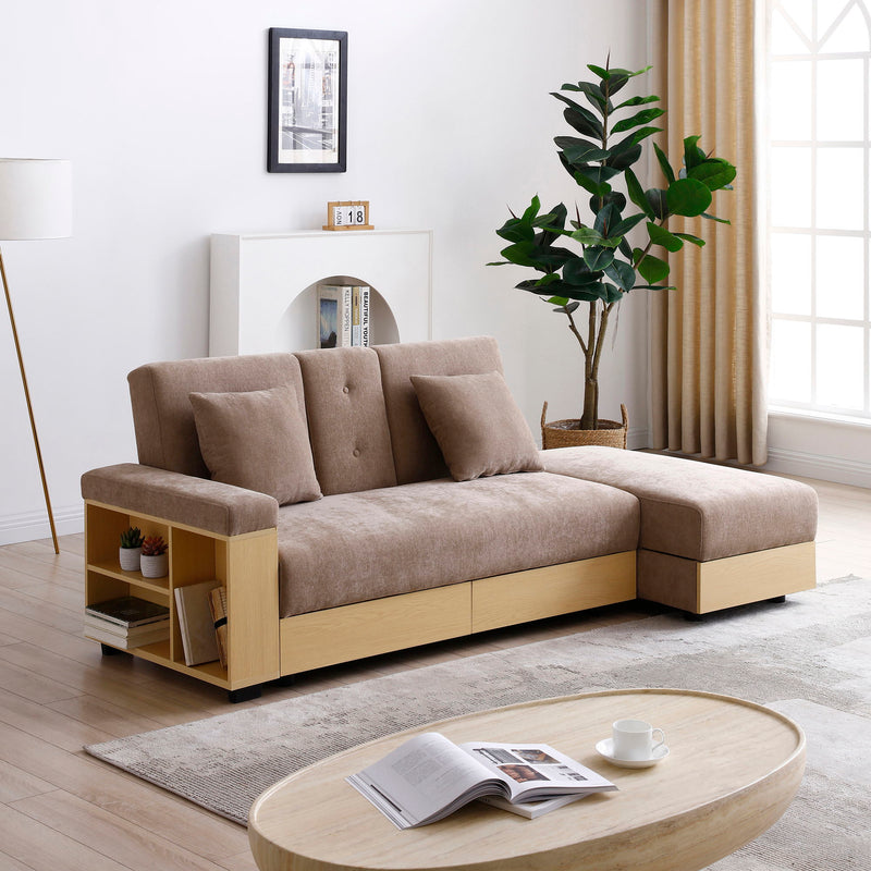Convertible Sleeper Sofa Couch, Multifunctional Double Folding Sofa Bed, Storage Ottoman And Sofa Arm With Box And Drawer, Drop Down Table With 2Cup Holders For Living Room, Apartment, Office - Light Brown