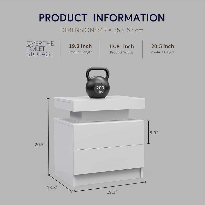Nightstand LED, Bedside Table Cabinet With 2 Drawers For Bedroom