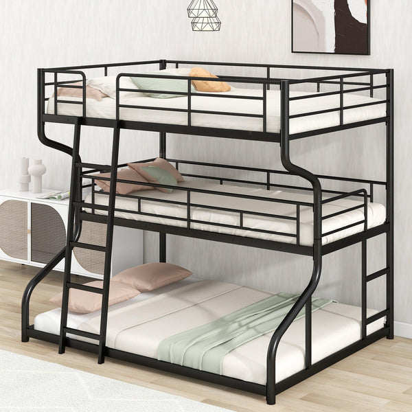 Full XL over Twin XL over Queen Triple Bunk Bed with Long and Short Ladder - In Black image