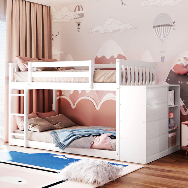 Twin over Twin Bunk Bed with 4 Drawers and 3 Shelves - White image