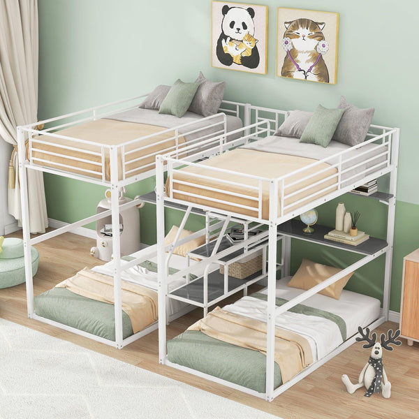 Double Twin over Twin Metal Bunk Bed with Desk Shelves andStorage Staircase - White image