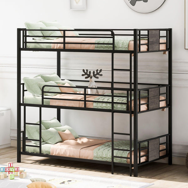 Twin Size Triple Metal Bunk Bed with Wood Decoration Headboard and Footboard - Gray image