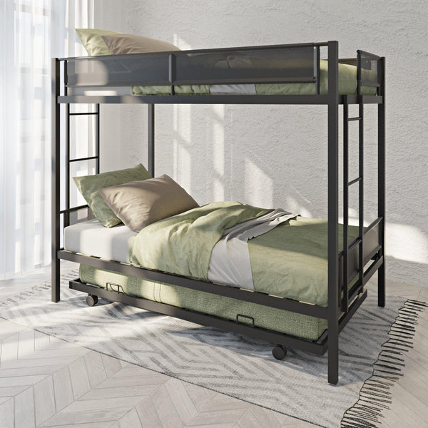 Twin over Twin Metal Bunk Bed With Twin Size Trundle Bed - Black image