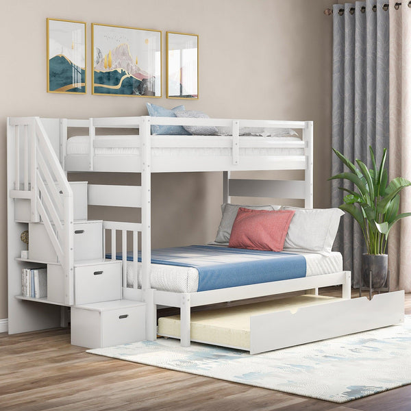 Twin over Twin or Twin over Full Convertible Bunk Bed withStorage Drawers and Twin Size Trundle Bed - White image
