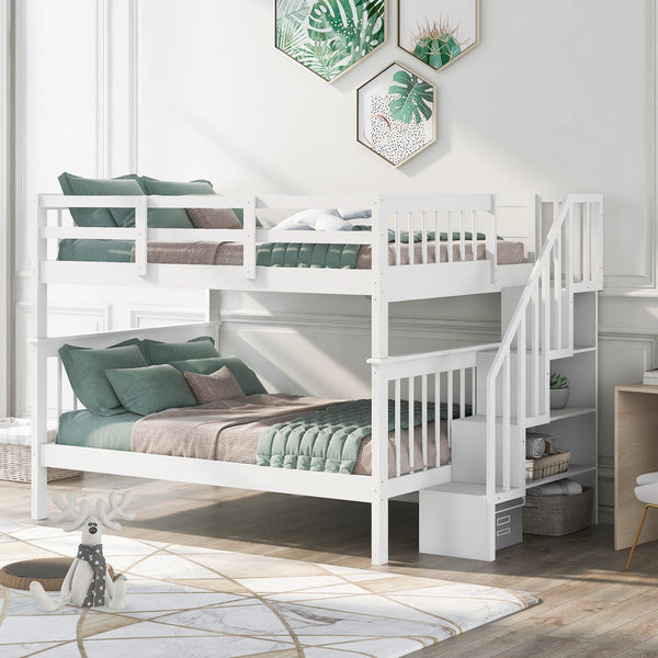 Full over Full Bunk Bed withStorage Staircase and Guard Rail - White image
