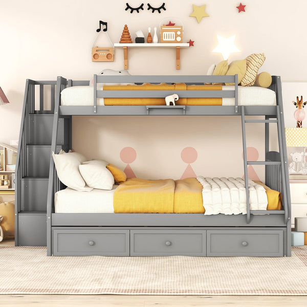 Twin over Full Bunk Bed with Drawers, Ladder andStorage Staircase - Gray image