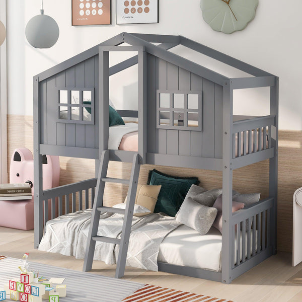Twin Over Twin House Shaped Bunk Bed With Ladder - Gray image