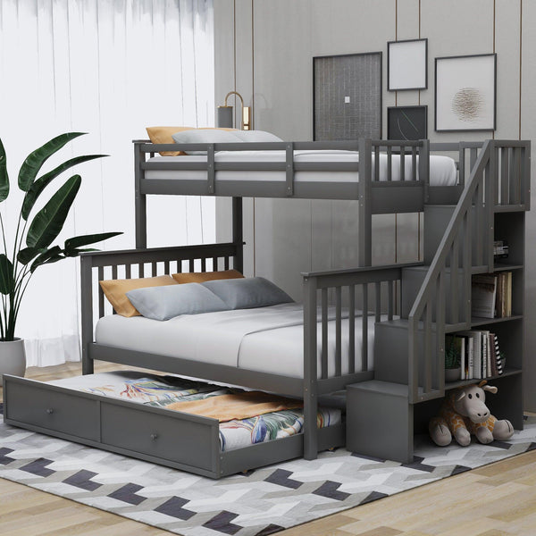 Twin over Full Bunk Bed with Twin size Trundle,Storage Staircase and Guard Rail - Gray image