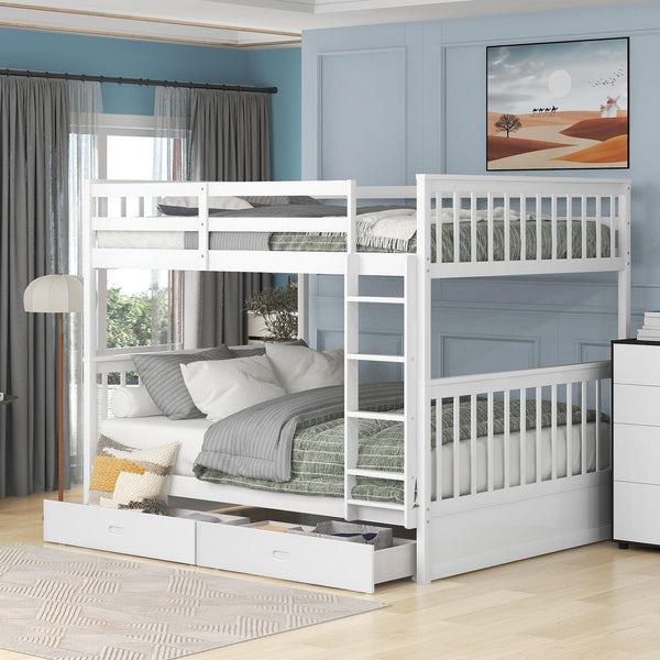 Full over Full Bunk Bed with Ladders and TwoStorage Drawers - White image