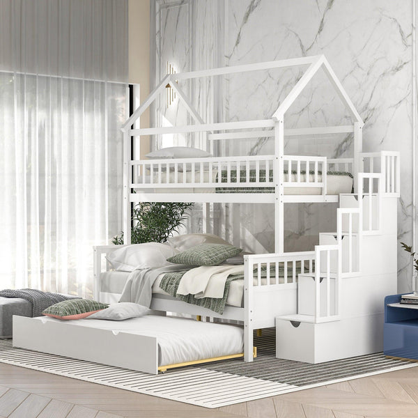 Twin over Full House Shaped Bunk Bed withStorage Staircase, Guardrail and Twin Size Trundle - White image