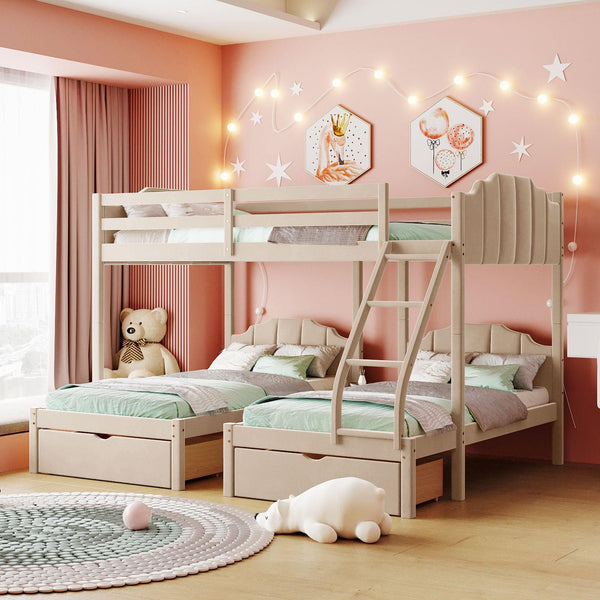 Full over Twin and Twin Bunk Bed with Drawers and Guardrails - Beige image