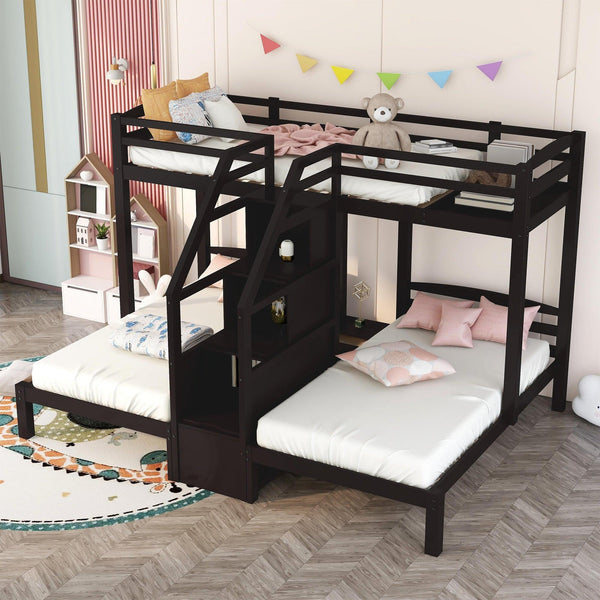 Twin over Twin and Twin Bunk Bed with Staircase andStorage Drawer - Espresso image