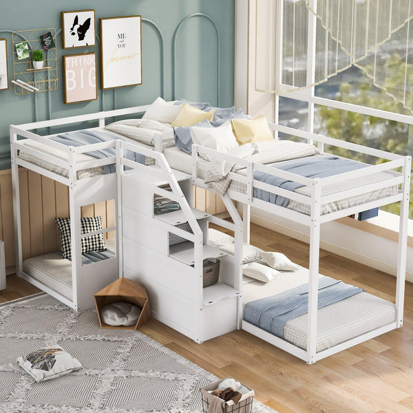 Twin over Twin L-Shaped Bunk Bed withStorage Staircase - White image