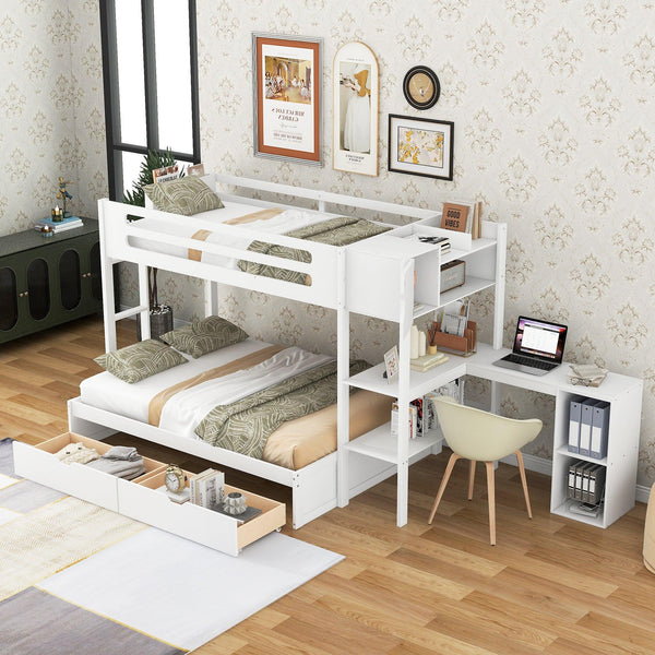 Twin over Full Bunk Bed with Drawers, Shelves, Drawers, and L-shaped Desk - White image