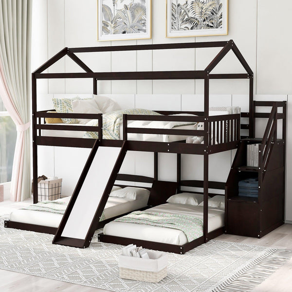 Full over Twin and Twin House Shaped Bunk Bed withStorage Staircase, Drawer , Slide, and Shelf - Espresso image
