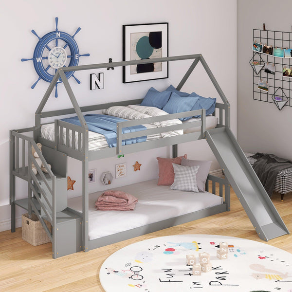 Twin over Twin House Bunk Bed with Slide andStorage Staircase - Gray image