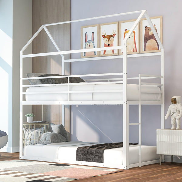 Twin over Twin Metal House Shaped Bunk Beds with Built-in Ladder - White image