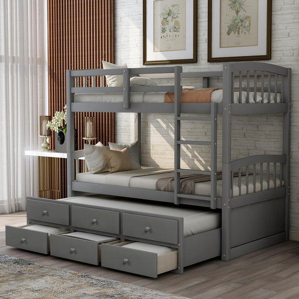Twin over Twin Bunk Bed with Ladder, Safety Rail, and Twin Trundle Bed with 3 Drawers - Gray image