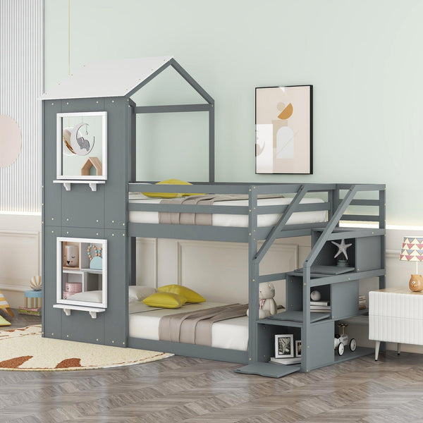 Twin over Twin House Shaped Bunk Bed withStorage Stairs, Guardrail and Ladder - Gray and White image