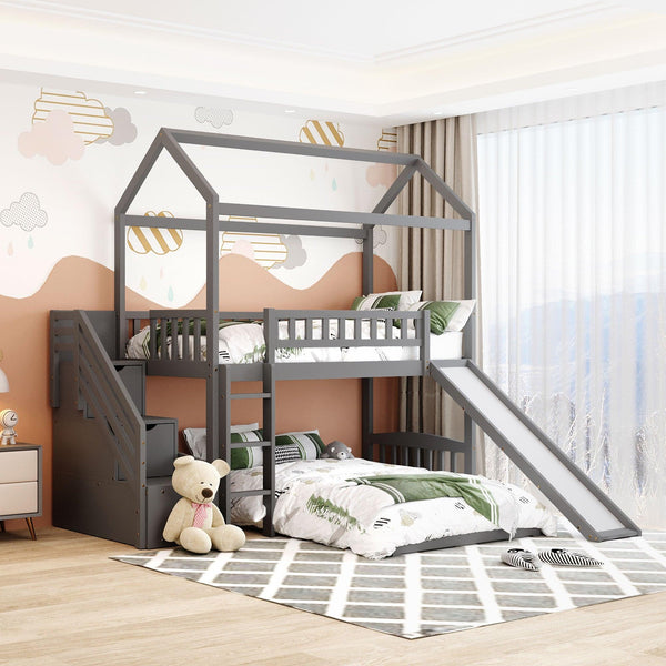 Twin Over Twin House Shaped Bunk Bed with Staircase Drawers and Slide - White image