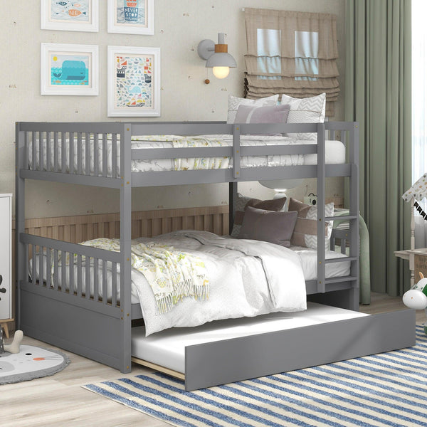 Full Over Full Convertible Bunk Bed with Twin Size Trundle and Safety Rails - Gray image