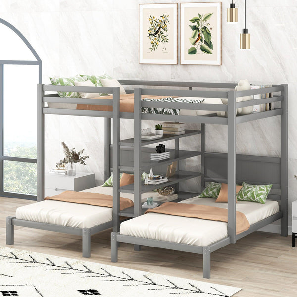 Full XL over Twin and Twin Bunk Bed with Built-in Shelves and Ladder - Gray image