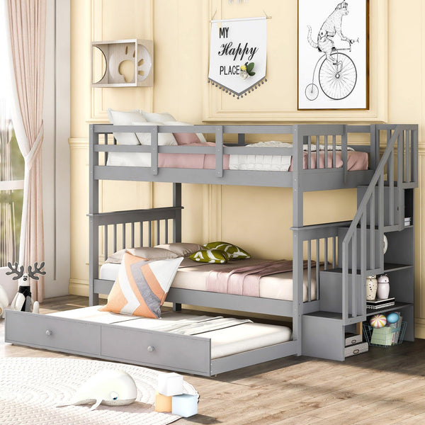 Twin Over Twin Bunk Bed with Twin Size Trundle andStorage Staircase - Gray image