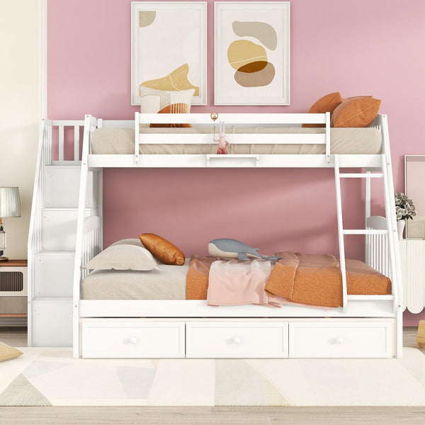 Twin Over Full Convertible Bunk Bed with Drawers, Ladders andStorage Staircase - White image