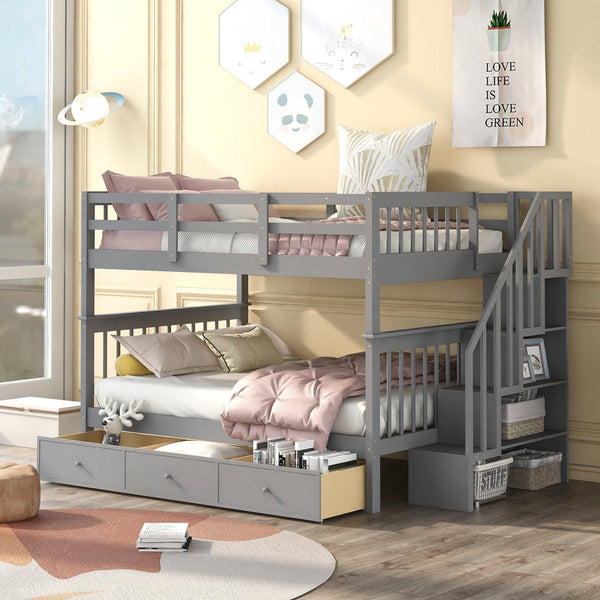 Full over Full Bunk Bed with Drawer,Storage Staircase and Guard Rail - Gray image