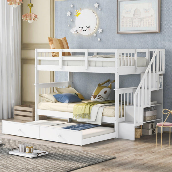Twin Over Twin Bunk Bed with Twin Size Trundle andStorage Staircase - White image