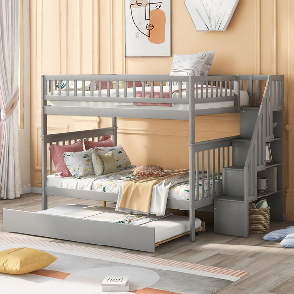 Full over Full Bunk Bed with Twin Size Trundle andStorage Staircase - Gray image