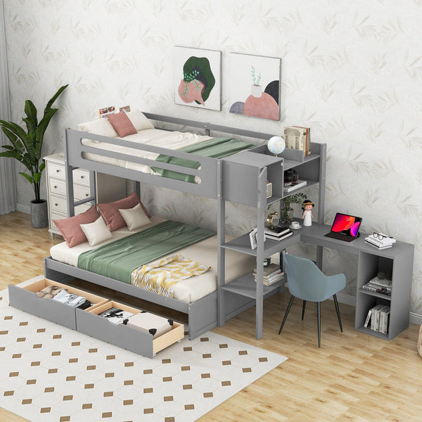 Twin over Full Bunk Bed with Drawers, Shelves, Drawers, and L-shaped Desk - Gray image