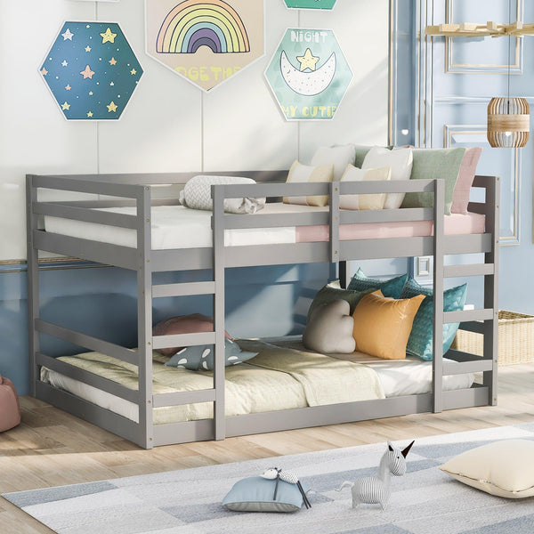 Full Over Full Low Bunk Bed with Ladder - Gray image