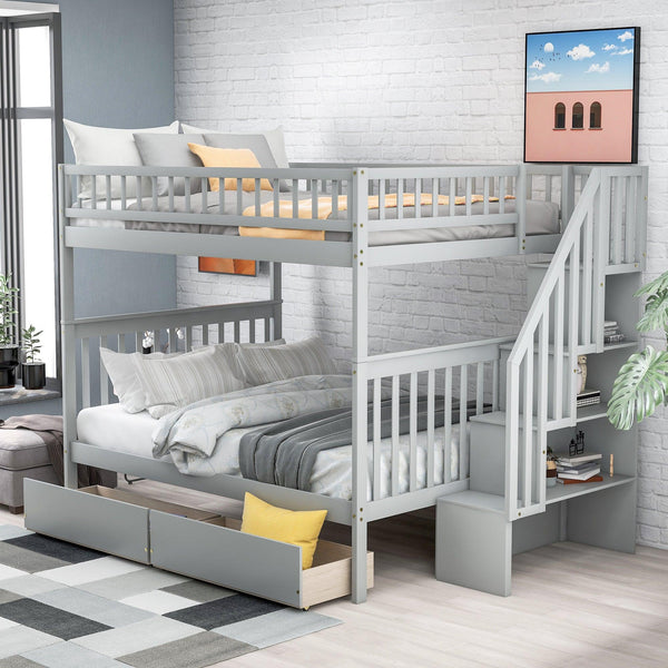 Full over Full Bunk Bed with Two Drawers andStorage Staircase - Gray image