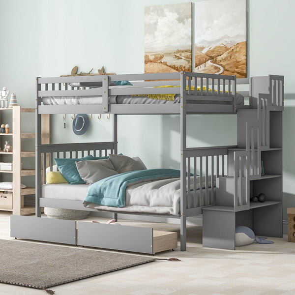 Full Over Full Convertible Bunk Bed with Drawers,Storage Staircase, Head and Footboard - Gray image