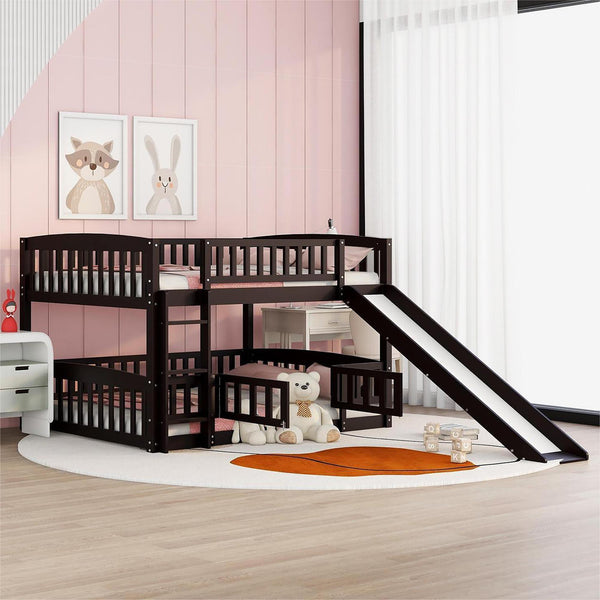 Full over Full Low Bunk Bed with Slide, Fence and Ladder - Espresso image