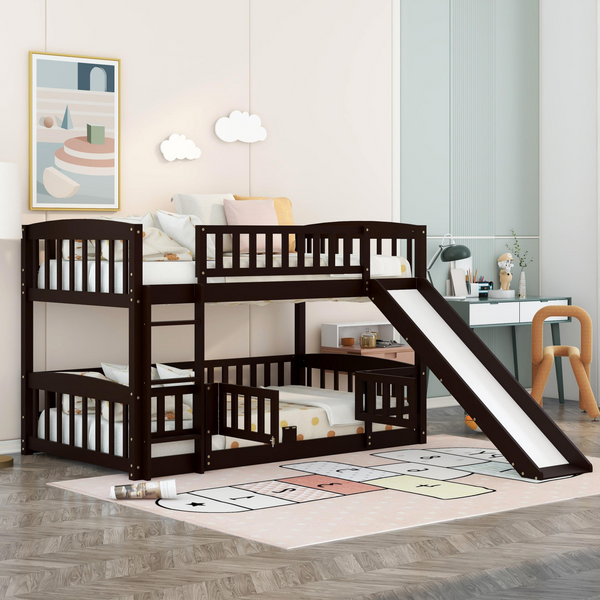 Twin over Twin Low Bunk Bed with Slide, Fence and Ladder - Espresso image