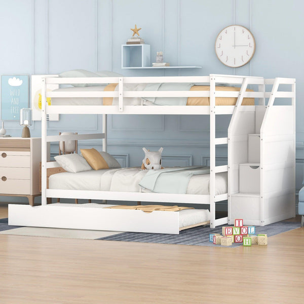 Full over Full Bunk Bed withStorage Staircase and Twin Size Trundle Bed - White image