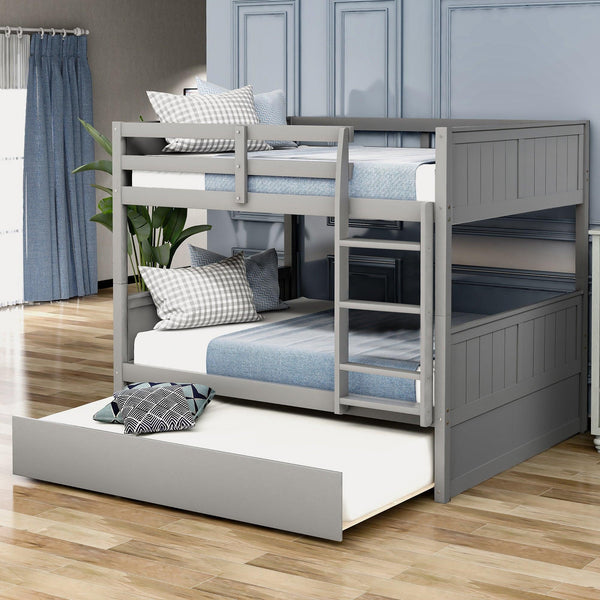Full Over Full Bunk Bed with Twin Size Trundle, Ladder, Head and Footboard - Gray image