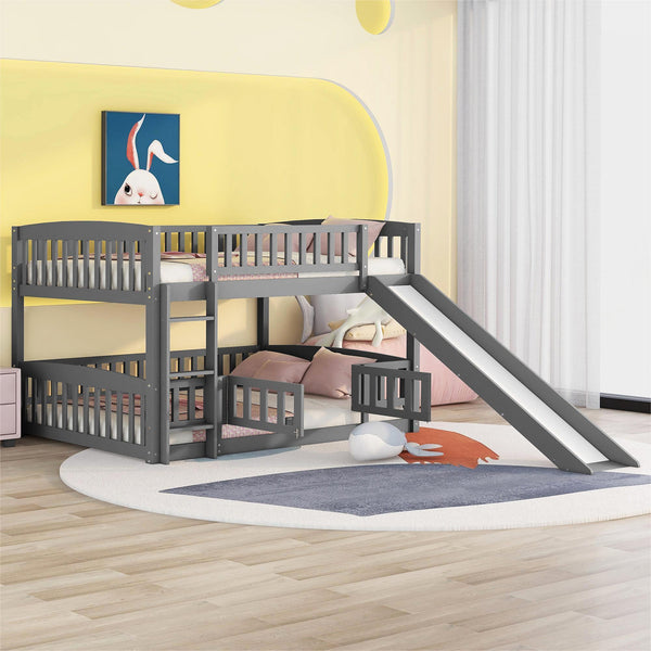 Full over Full Low Bunk Bed with Slide, Fence and Ladder - Gray image