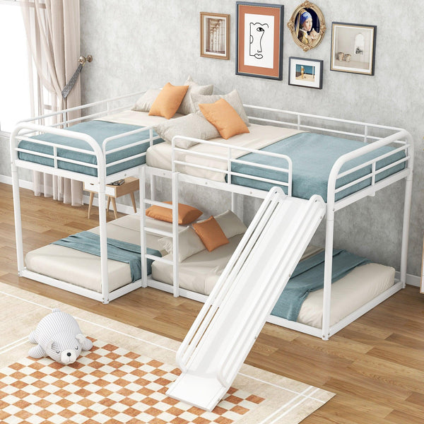Full and Twin Size Low L-Shaped Bunk Bed with Slide and Ladder - White image