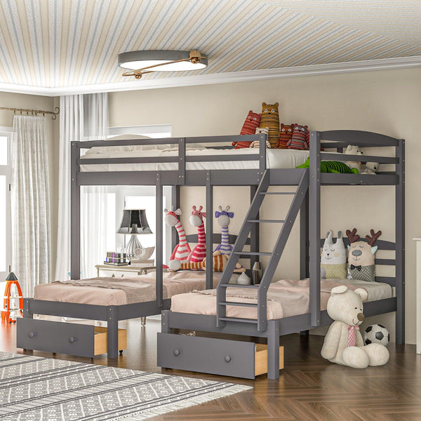 Full over Twin and Twin Bunk Bed with Drawers - Gray image