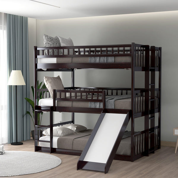 Full Over Full Over Full Triple Bunk Bed with Built-in Ladder and Slide - Espresso image