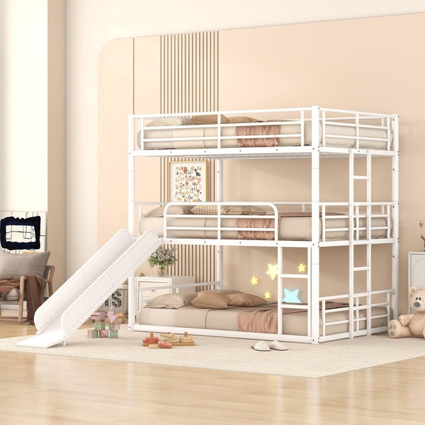Full Size Convertible Metal Bunk Bed with Ladders and Slide - White image